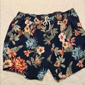 Slate & Stone Navy Floral Swim Trunks with Coral and Blue Accents